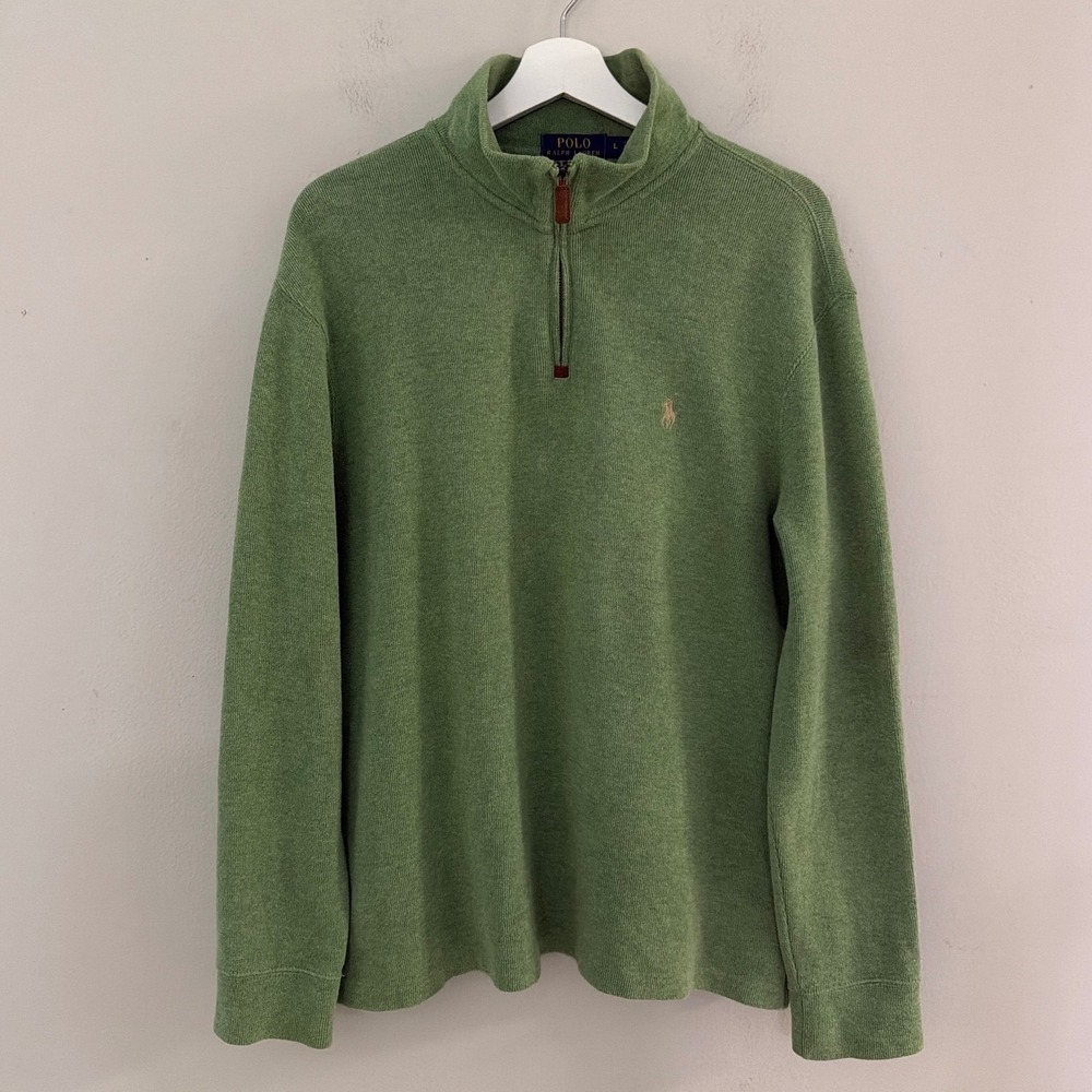Polo Ralph Lauren Mens Large Sage Green 100% Cotton Quarter Zip Ribbed Sweater